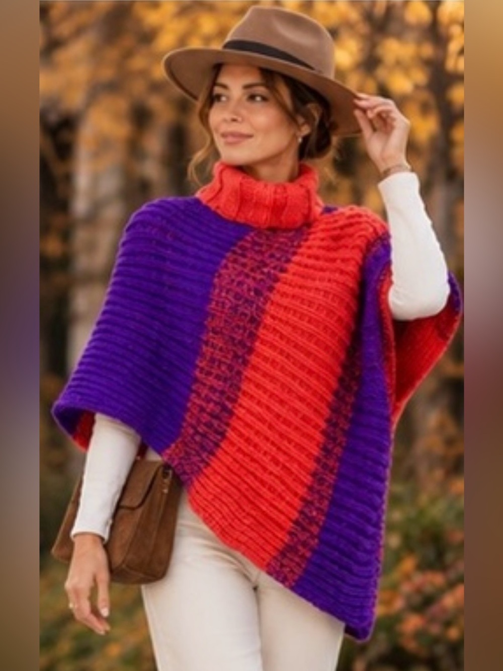 🧶 Hand knitted Purple Orange Chunky Poncho